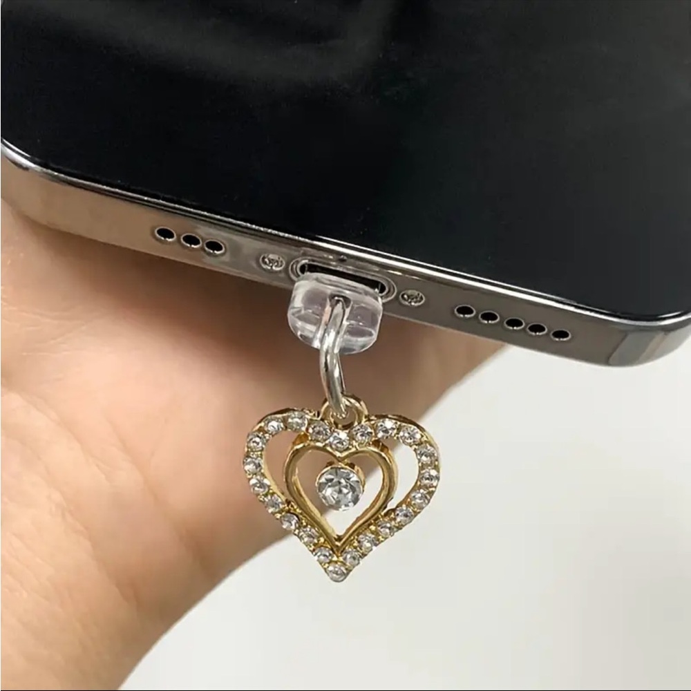 Phone dust plug charms, NIP,Type C charging port, goldtone w/ rhinestone heart